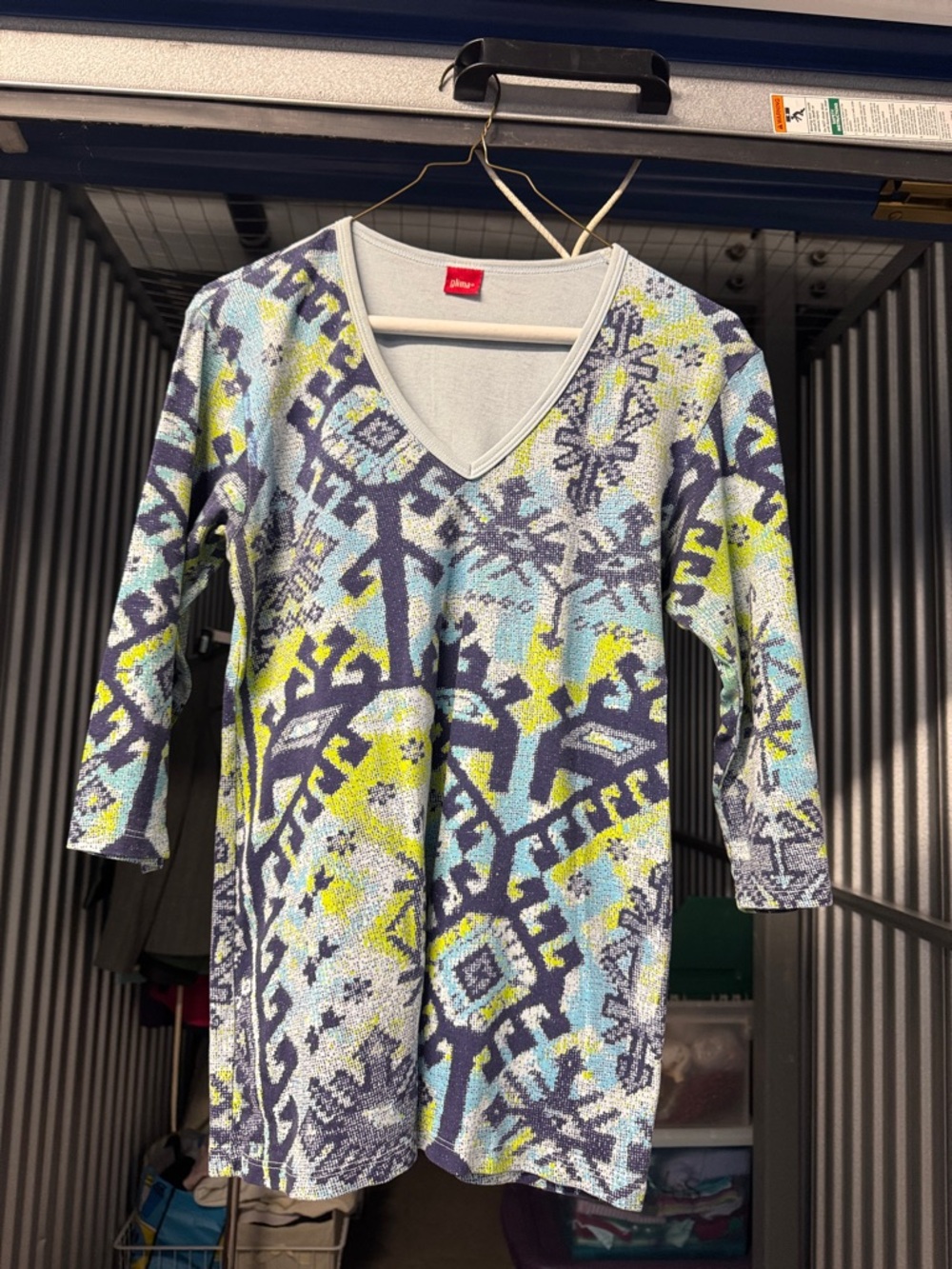 V-Neck Patterned Knit Blouse in Blue, Lime & Gray